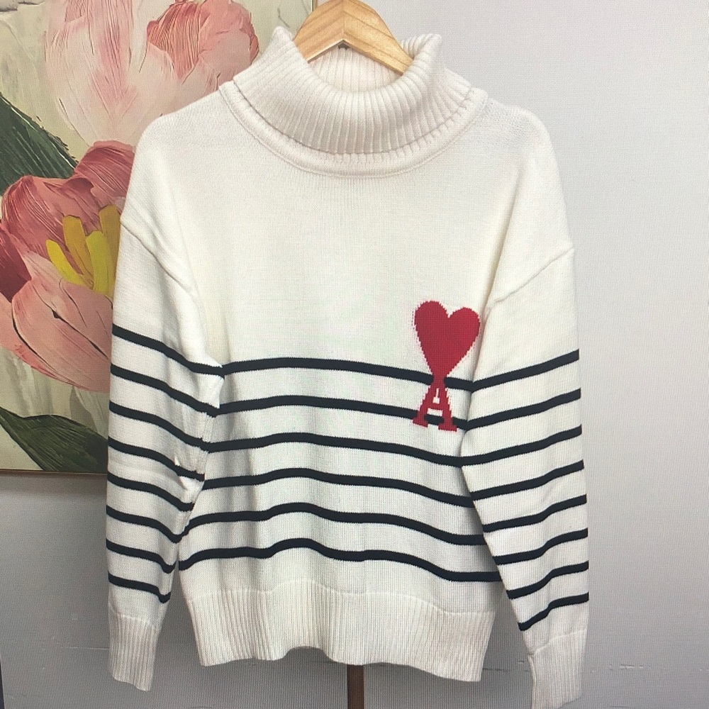 Ami White Turtleneck Sweater with Black Stripes and Red Heart